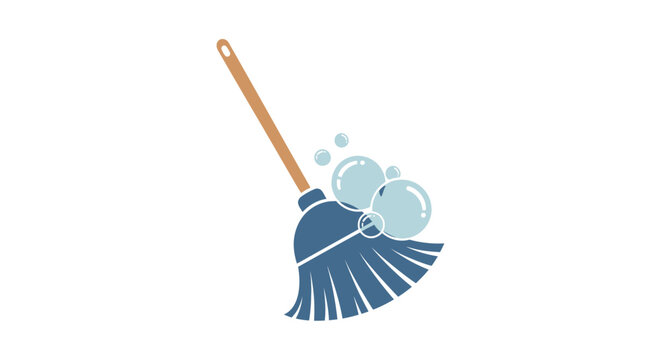 Broom with soap bubbles cleaning.
