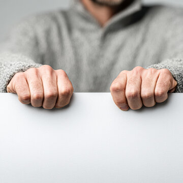 A person in a gray sweater holds a blank white board, with only their hands and part of the upper body visible.