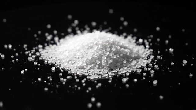 Pile of granulated salt on black surface.