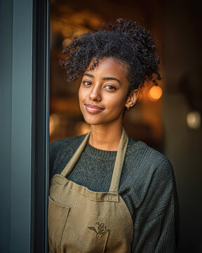 A young woman with curly hair, wearing an apron, stands by a doorway with a warm, welcoming expression in a softly lit indoor setting.