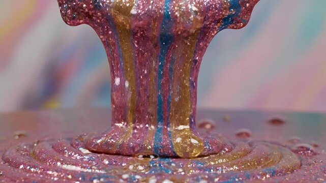 Closeup of Glitter Slime Dripping and Flowing in Slow Motion.