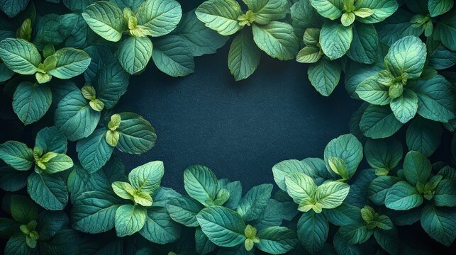 Fresh mint leaves frame dark background