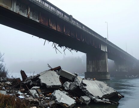 Concrete debris from collapsed bridge structure over river on misty day