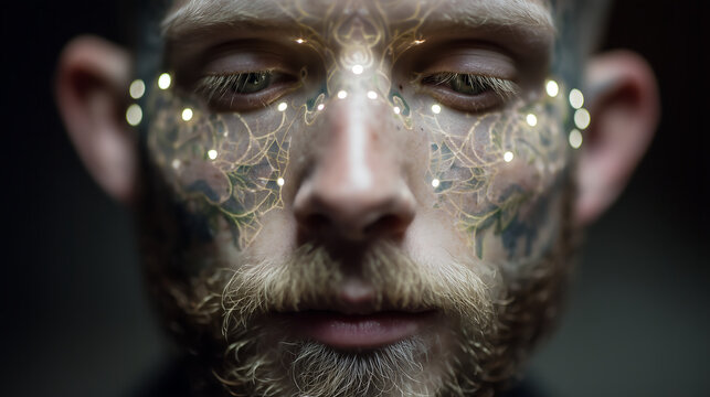 Human face with luminous biometric tattoos and subcutaneous LEDs, cybernetic aesthetics, portrait.