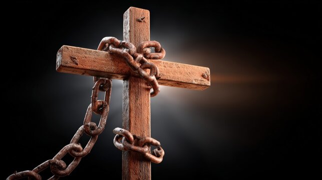 Wooden cross is wrapped in heavy rusted metal chains against a dark background.