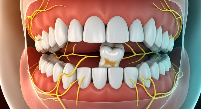 Open human mouth showing upper and lower teeth with a decayed molar and exposed dental nerves