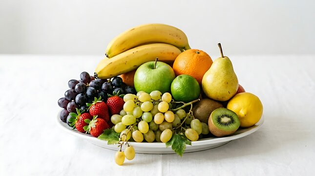 Fresh fruit platter with bananas strawberries grapes apples pears kiwi and oranges on a white plate and table with a white background