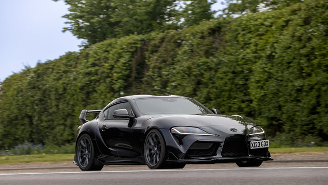 Bicester,Oxon.,UK - Apr 26th 2026: 2022 black Toyota Supra car driving on a British road