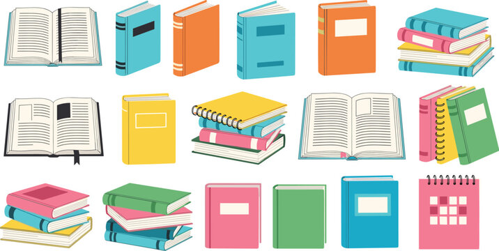 Comprehensive School Book Vector Set Featuring Open Textbooks Stacked Notebooks and Academic Literature for Education and Library Designs