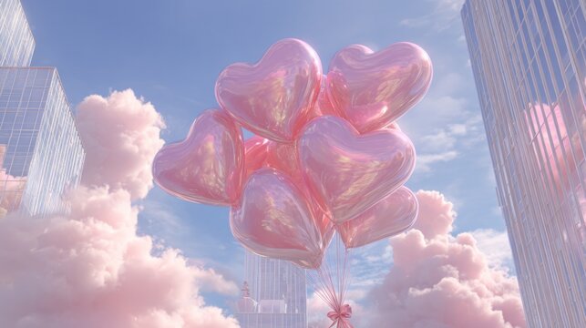 Pink heart balloons float above city skyline