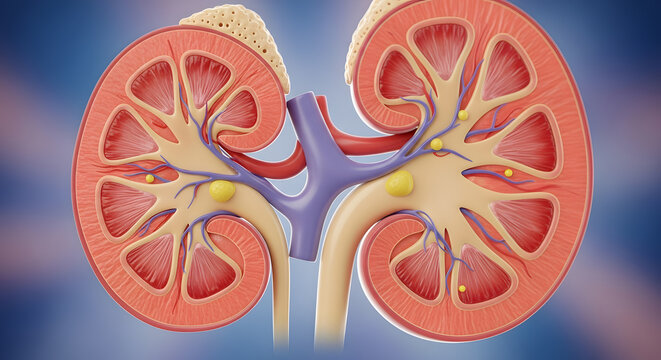 Pair of human kidneys cut open showcasing renal cortex, medulla, and collecting system with deposits