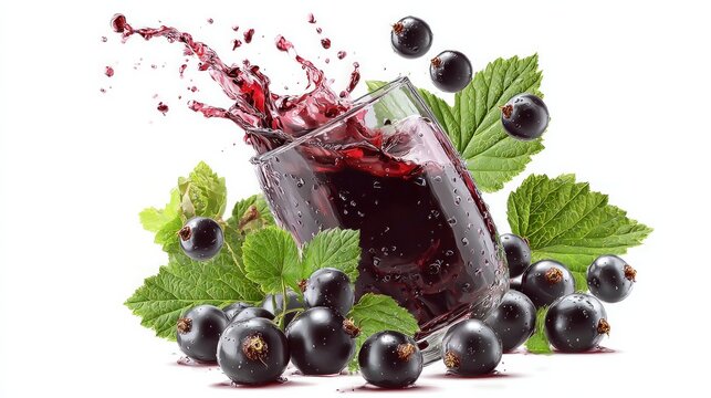 Juicy blackcurrants splash into a glass
