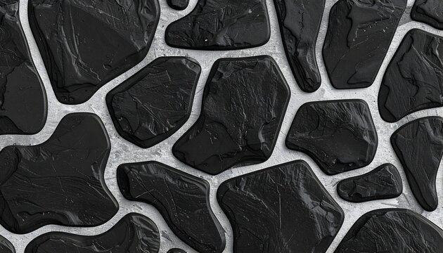 Textured Black Stone Mosaic: A close-up view of a dark stone mosaic, the irregular shapes adding texture and depth to the artwork. The black stone contrasts with the light.