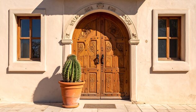 Wooden arched door flanked by windows, with potted cactus in sunlight