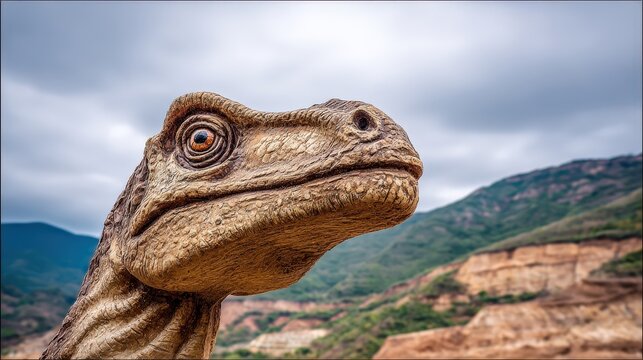 Close up portrait of a prehistoric raptor model standing in a mountainous landscape.
