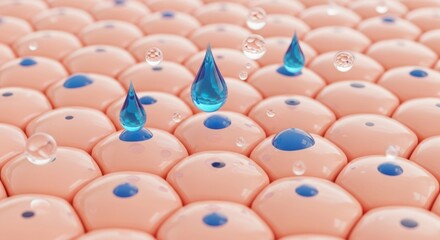 Obraz premium Skin cells with blue droplets and water bubbles on surface closeup