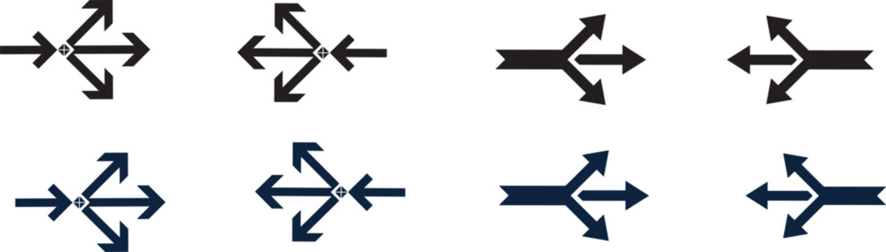 Logistics and business strategy arrow branching symbol set representing path merging splitting directional decision making distribution flowcharts and navigation routing interface graphics