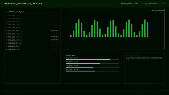 Defense Protocol Active HUD with Green Digital Security Interface and Hardware Load Monitoring Graphics.