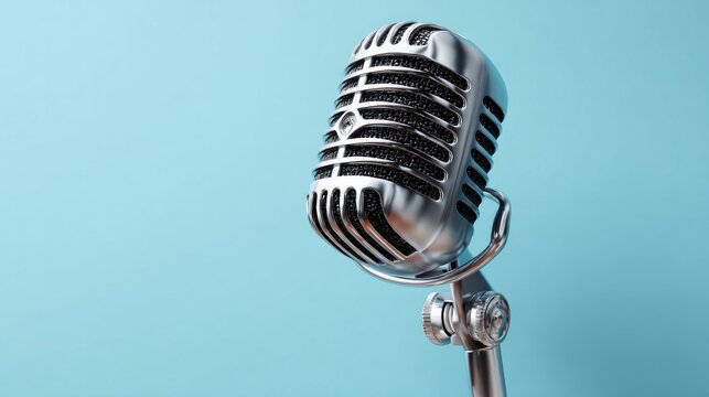 Vintage microphone gleams against soft blue backdrop