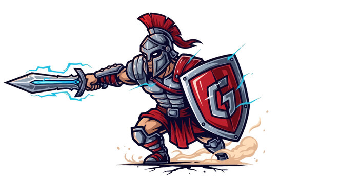 Cartoon gladiator with sword and shield in a dynamic pose vector illustration