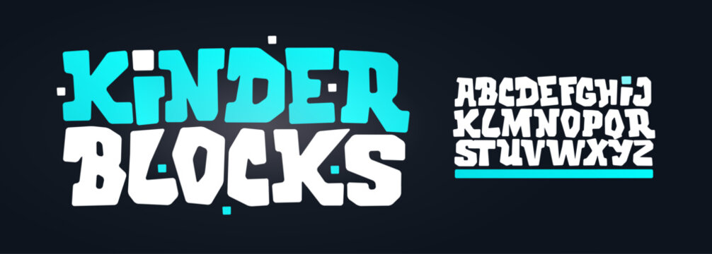 Fun Kid Font Playful Geometric Logo Blocks Alphabet Cartoon Letter Set Modern Typography, Creative Typographic Design for Comics Title Bold Text, Poster Headline. Trend Funny Style. Vector Typeface.