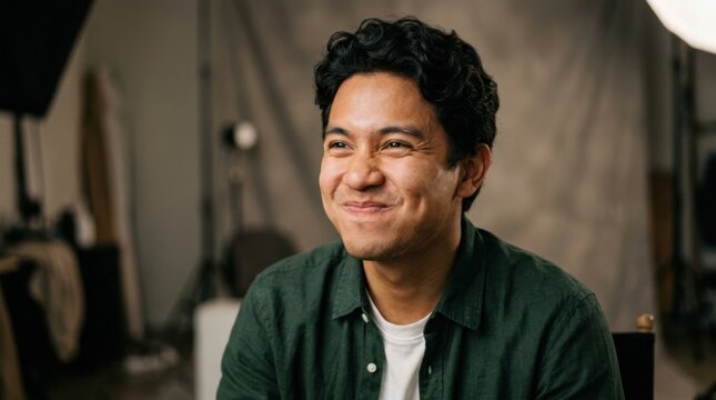 Smiling man in green shirt looking to the side in studio.