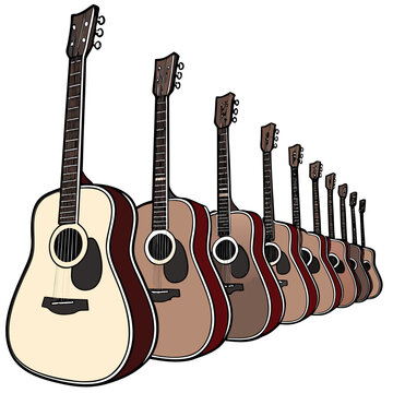 Colorful Acoustic Guitars in a Row musical instruments stringed instruments brown