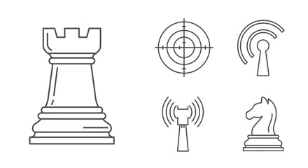 Line art icons featuring chess pieces (rook and knight), a target, and Wi-Fi related symbols (keyhole and antenna) on a white background. © Naya