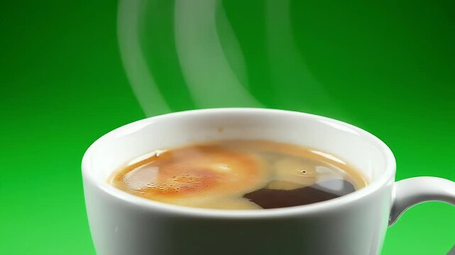 A close-up shot showcases a steaming cup of coffee against a vibrant green background, highlighting the beverage's warmth and inviting aroma.