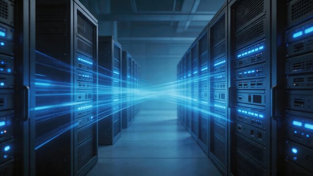 Modern data center server racks with high speed data transfer light streams and advanced network infrastructure, enterprise IT computing environment with cloud storage systems, idea for big data