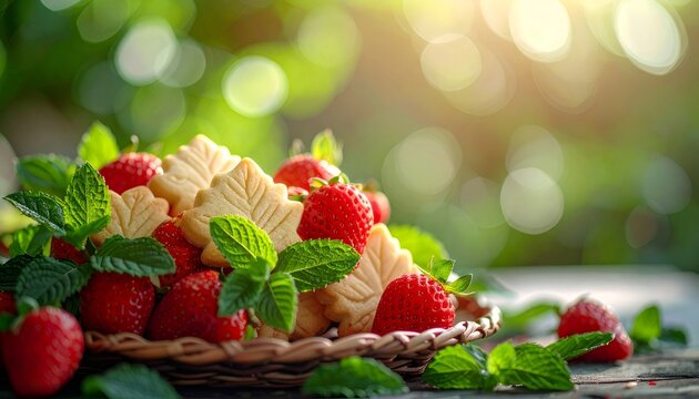 Leaf cookies and fresh strawberries in summer basket