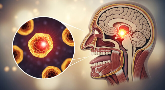 Sagittal cross section of a human head with a glowing brain region and magnified cellular activity