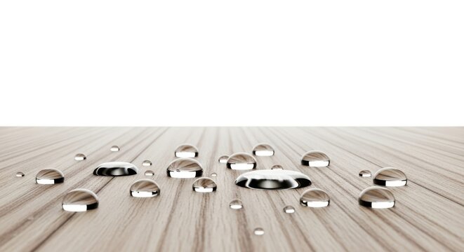 Water droplets on a wooden surface with a natural texture and pattern