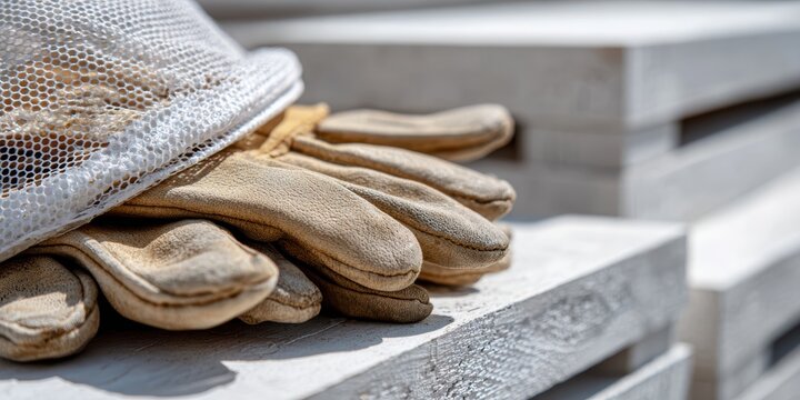 beekeeping equipment, beekeeping gear displayed on white hive boxes, with clear focus on veil mesh and leather gloves commercial and professional