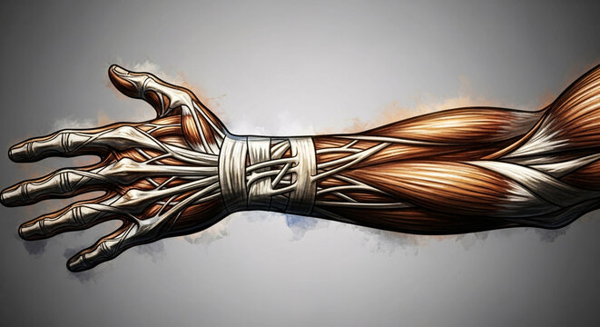 Scientific diagram of the human forearm and hand muscles with tendons and bone details