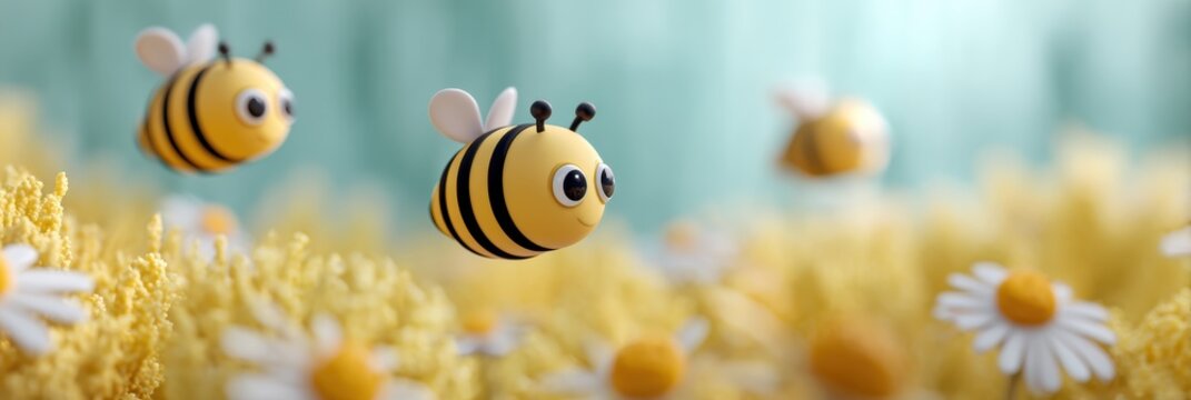 fantasy d bee banner, skilled web designer produces delightful d cgi web banner for world bee day with charming honeybee characters and vibrant colors