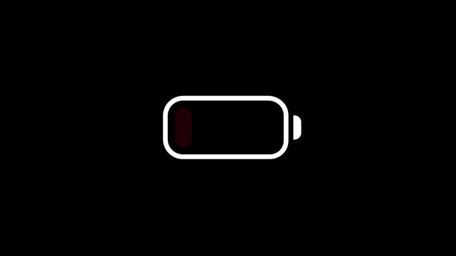 Repeating low battery indicator icon animation, low battery icon warning that needs to be charged, black background, 4k video