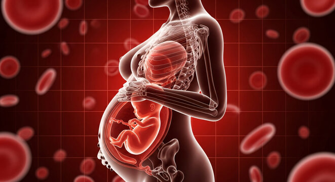 Scientific illustration of a pregnant womans internal anatomy showing a fetus developing within the uterus, with blood cells