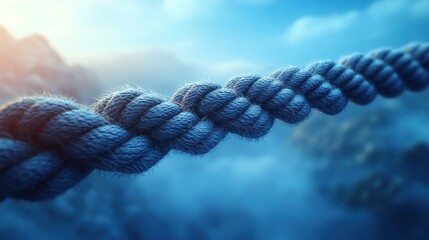 Naklejka premium Close-up of a thick rope stretching across a misty mountain landscape