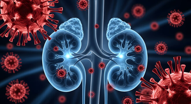 Scientific illustration of human kidneys surrounded by numerous circulating virus particles, representing infection