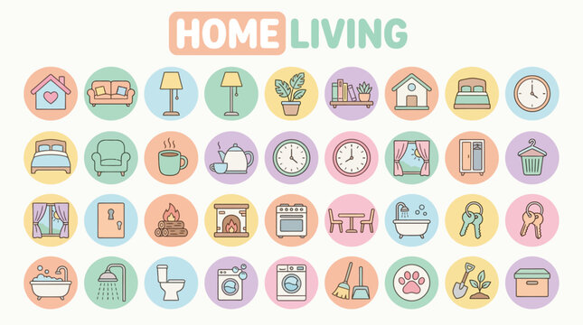 A vibrant collection of home and living icons featuring various household objects and symbols arranged in rows on a plain background.