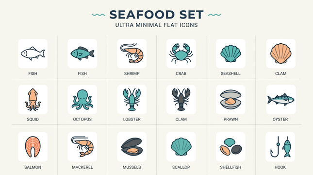 A colorful flat illustration set of seafood icons featuring various types of fish and shellfish arranged in rows on a neutral background.