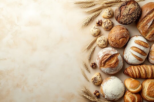 Assorted fresh bread and wheat displayed on a rustic background