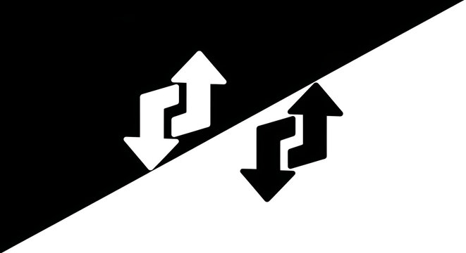 Minimalist black and white conceptual graphic showing upward and downward arrows for market fluctuations with fluctuation business direction volatility analysis comparison investment abstract
