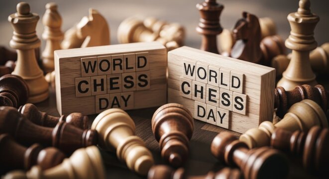 World chess day celebration with chess pieces and blocks