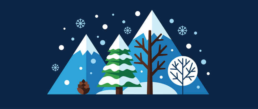 Winter wonderland scene with mountains trees and falling snow flat vector illustration