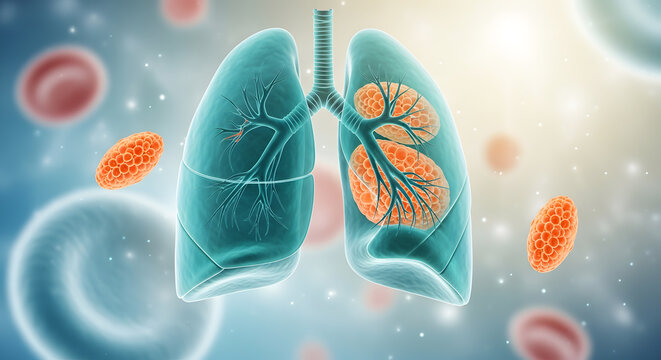 Scientific representation of human lungs and trachea system surrounded by microscopic red blood cells