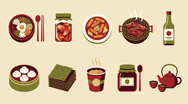 Vibrant Assortment of Asian Culinary Delicacies and Traditional Beverages Vector Art