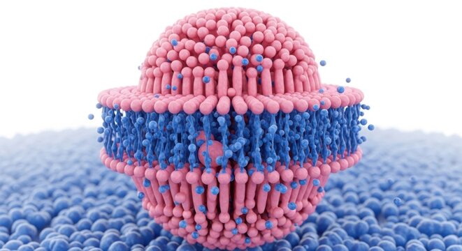 A detailed 3d model of a cell membrane with pink and blue lipids on a white background