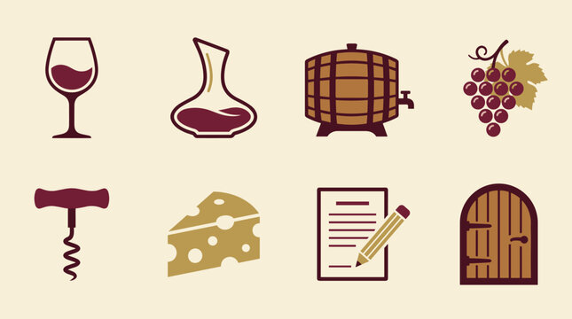 Elegant Array of Wine and Cheese Themed Vector Icons on a Light Background